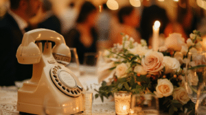 Un téléphone vintage à cadran rotatif de couleur ivoire est placé sur une table ornée de roses et de bougies lors d'une réception de mariage.