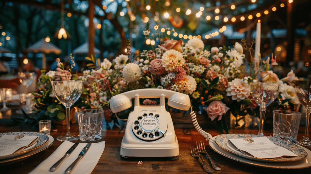 Téléphone vintage sur une table décorée pour un mariage, entouré de fleurs colorées, vaisselle élégante, et lumière douce d'ambiance.